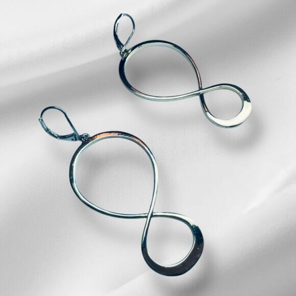 Silver Tone Pierced Earrings Dangling Figure 8 or Infinity Symbol - Picture 1 of 3